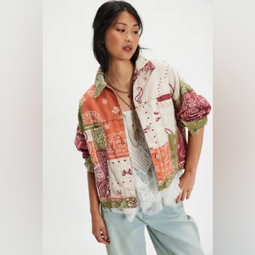 New Free People We The Free Opal Swing Bandanna Printed Denim Jacket Coat XL - Picture 1 of 7